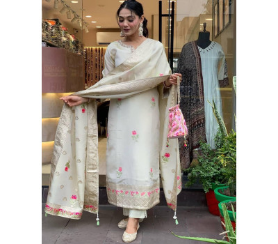 Jacquard Shimmer Kameez - Ivory & Pink Jacquard Shimmer Kameez - Ivory & Pink