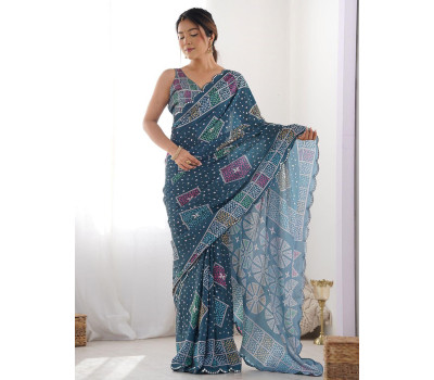 Soft Cotton Printed Saree - Blue Bandhani Soft Cotton Printed Saree - Blue Bandhani