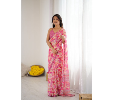 Soft Cotton Printed Saree - Geometric Glamour Pink Soft Cotton Printed Saree - Geometric Glamour Pink
