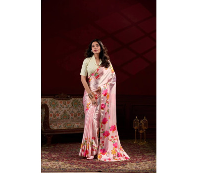 Satin Silk Saree - Soft Pink & Multi-Color Floral Satin Silk Saree - Soft Pink & Multi-Color Floral