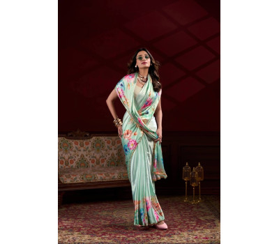 Satin Silk Saree - Mint Green & Tropical Satin Silk Saree - Mint Green & Tropical
