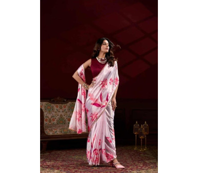 Satin Silk Saree - Blush Pink & Bold Floral Satin Silk Saree - Blush Pink & Bold Floral